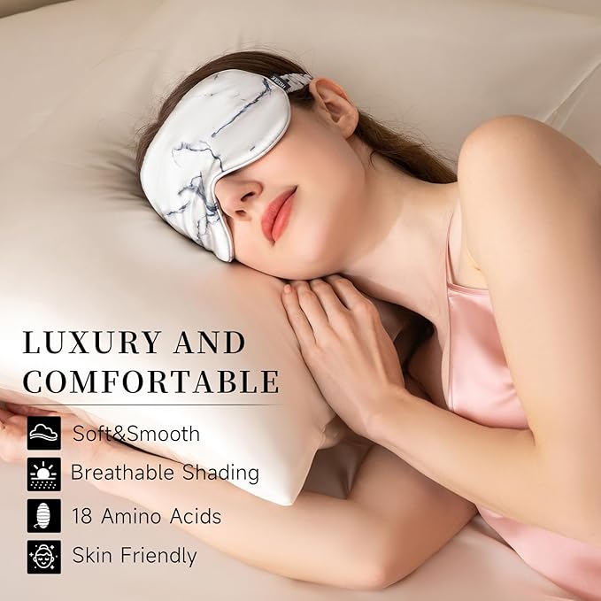 THXSILK Sleep Mask 100% 19 Momme Pure Mulberry Silk Super Smooth Cooling Decorative Sleep Eye Mask Blackout Eye Cover with Wide Head Strap, Marble-Grey