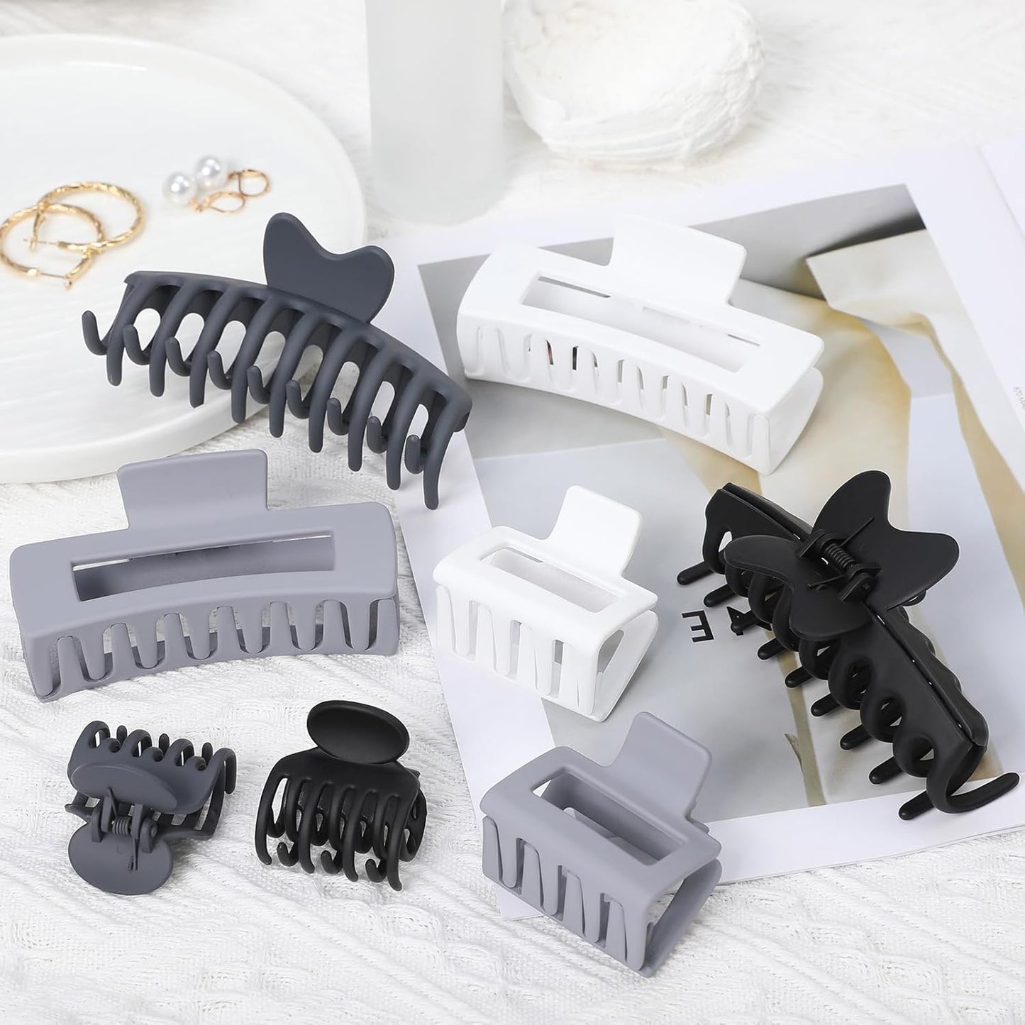 8 Pcs Large Claw Clips for Thick Hair, Medium Claw Clips, Small Clips for Thin Hair, Rectangle Square Butterfly Clips for Women - 4 Style Accessories (Grey)