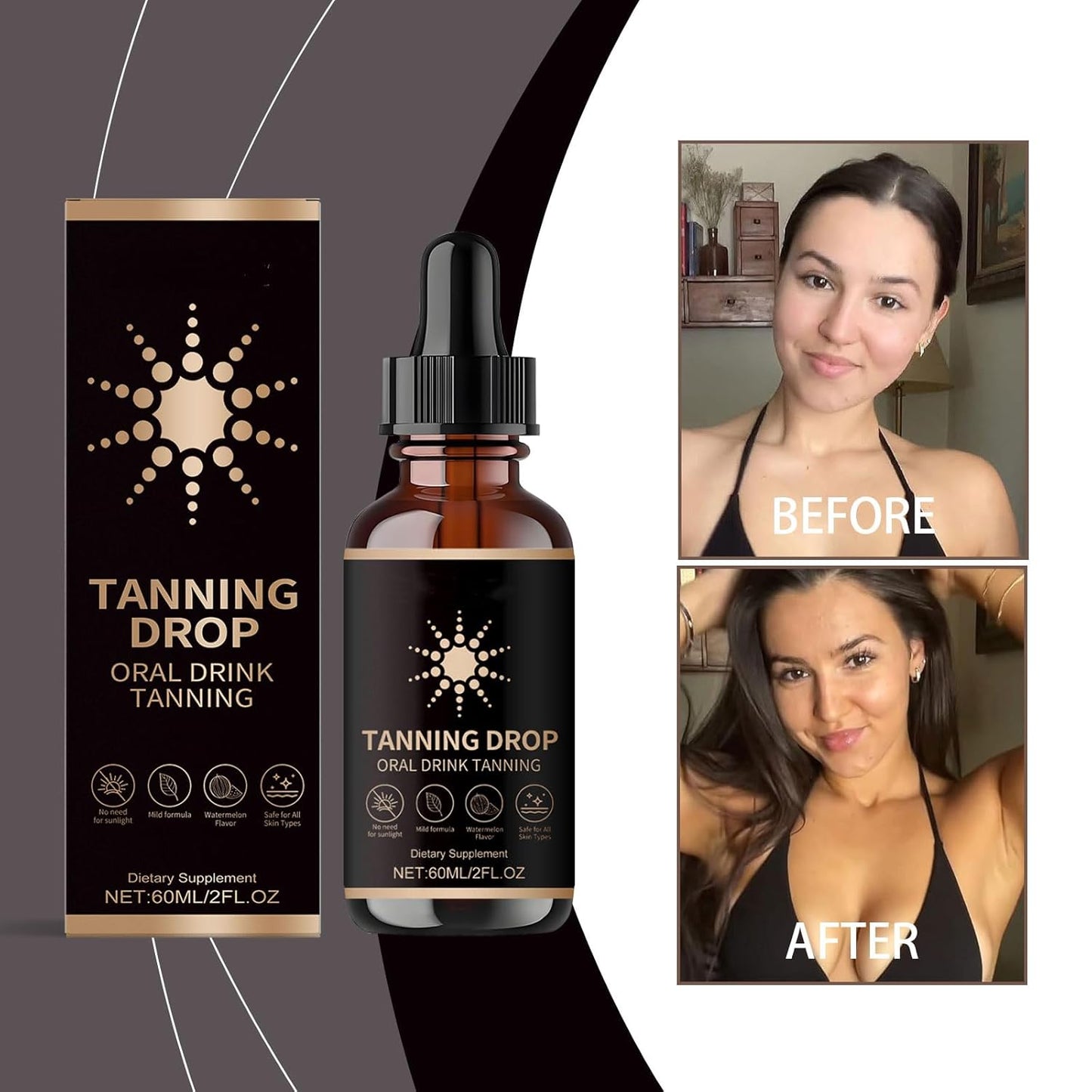 Tanning Drops, 2Fl Oz Sunless Tanning Drops To Drink, Bronzing Tanner for Face and Body, Long-Lasting Tans Without Sun, Enhancing Natural Skin Tone for All Skin Types