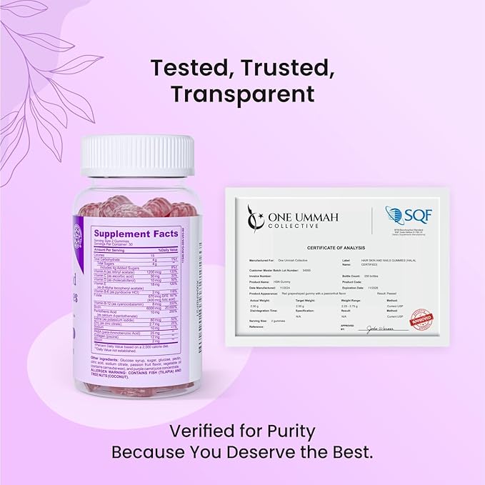 Halal Certified Hair, Skin, & Nails Gummies - Packed with Biotin, Collagen, Folate, & Essential Beauty Vitamins for Strong Hair, Glowing Skin & Healthy Nails - Easy Digestion & High Absorption - 60 ct