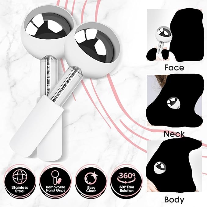 PRIME Fitness Ice Globes for Facials | Unbreakable Steel Cooling Roller | Cryo Sticks for Face | Massager for Face Neck & Eyes | Skin Care for Dark Circles, Puffiness, Wrinkles, (360 Rotating)