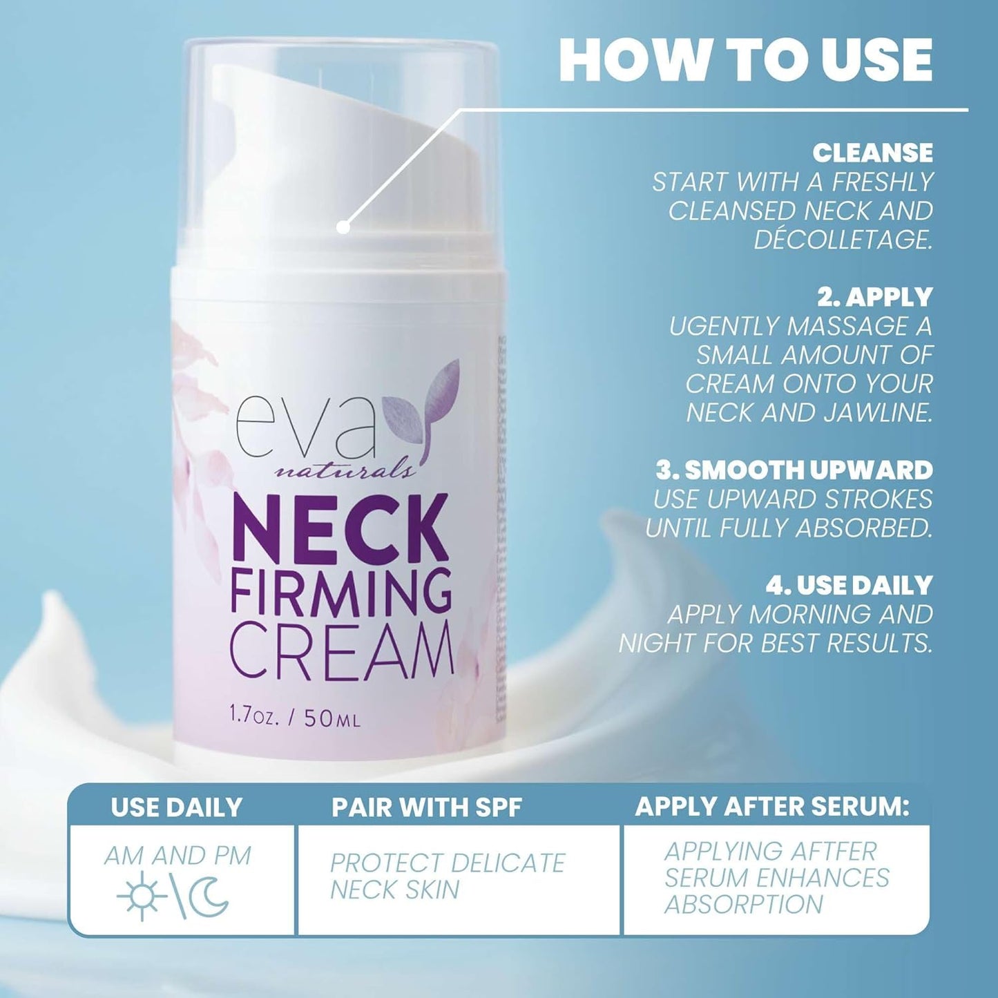 Eva Naturals Neck Firming Cream for Women - Neck Cream for Firming, Tightening, Lifting Sagging Skin, Anti Aging Moisturizer with Retinol, Collagen, Hyaluronic Acid, Peptides & Vitamin C — 1.7 Fl Oz