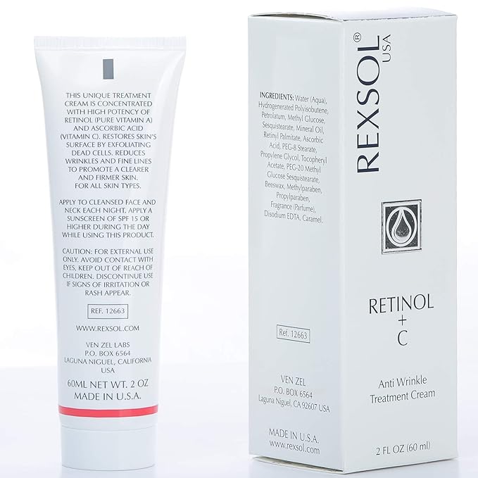 REXSOL Retinol + Vitamin C Anti-Aging Cream | Effective Night Face Care & Dark Spot Remover | Anti-Aging Neck Cream & Wrinkle Cream That Truly Works | Infused with Vitamin E, A - 2 OZ