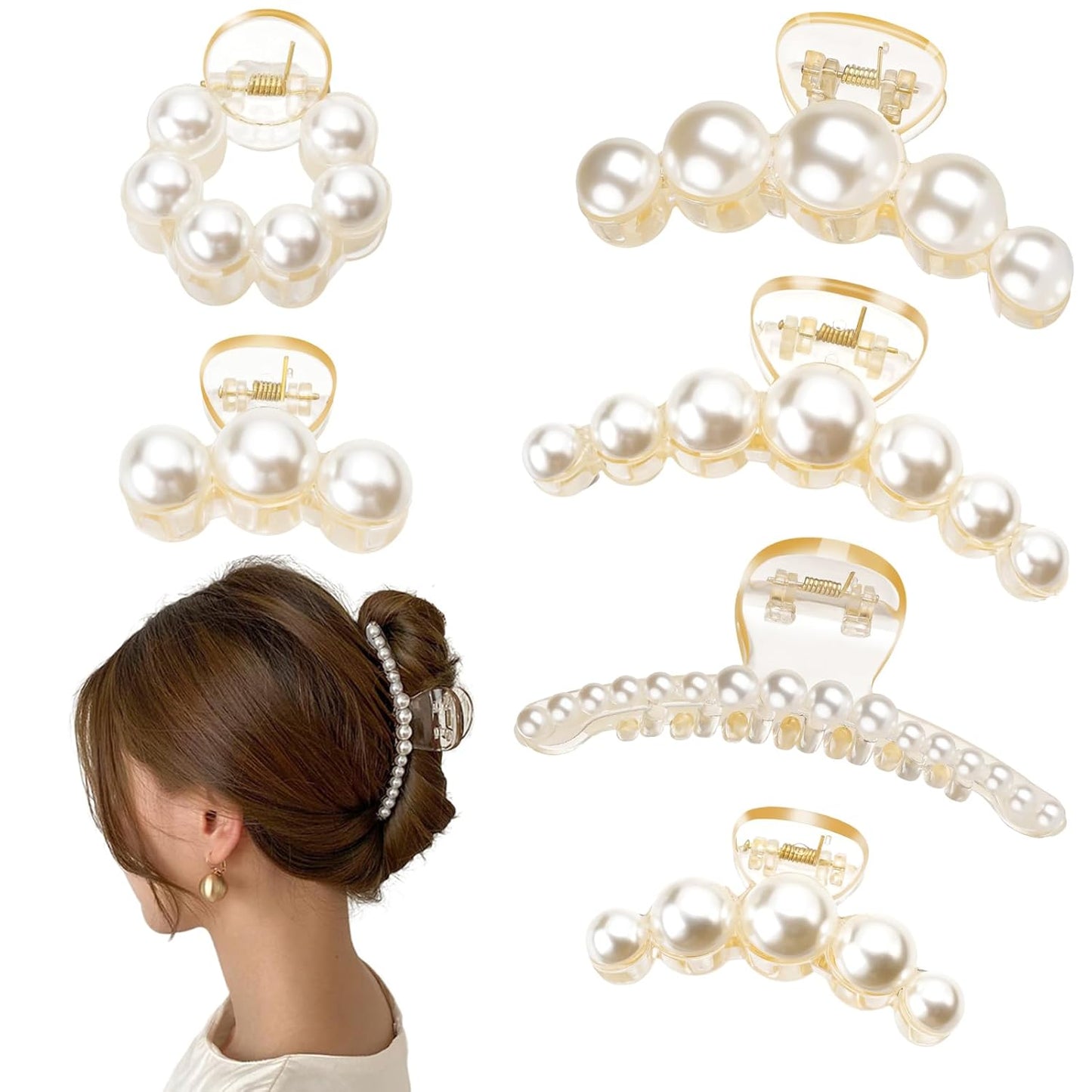 Leezmark 6 PCS Pearl Hair Clips, Wedding Hair Clip for Thick Long Thin Curly Hair White Fancy Big Claw Clips Hair Accessories for Women, Girls