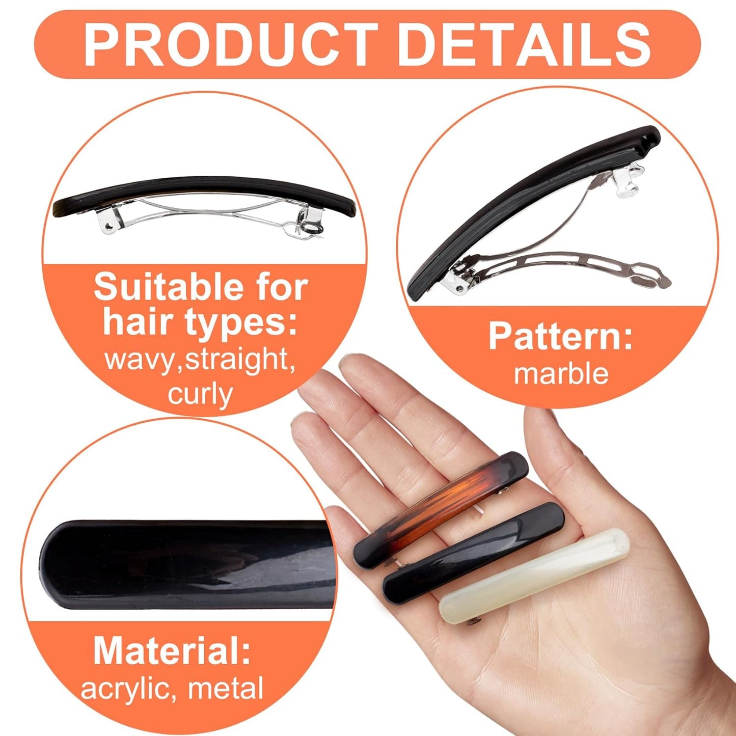 3pcs French Hair Clips for Women, Oval Curved Glossy Barrettes, Non-Slip Tortoise Shell Hairpins Styling Tool for Long Short Straight Curly Wave Hair- Black & White & Amber