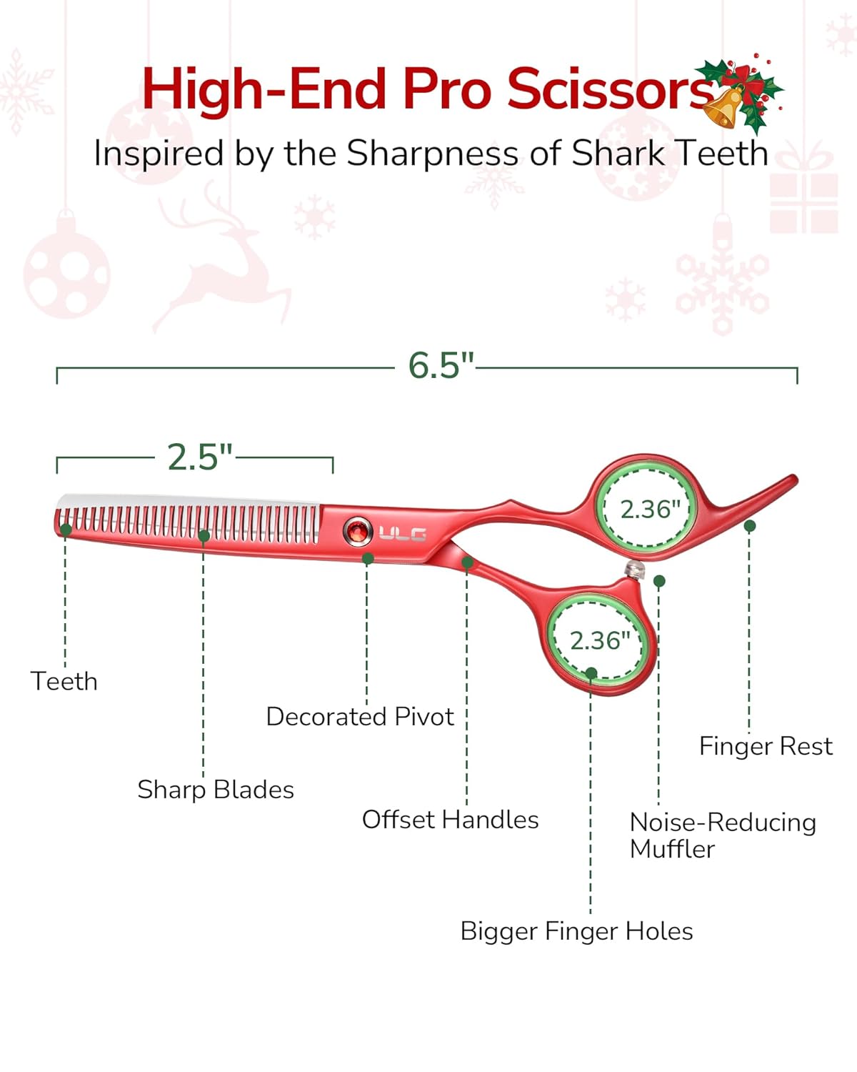 ULG 6.5" Hair Thinning Scissors, Japanese Stainless Steel, Professional Texturizing Shears, Barber’s 30-Tooth Blending Thinner for Stylist & Home Use, Christmas Gifts for Women Men Family Red