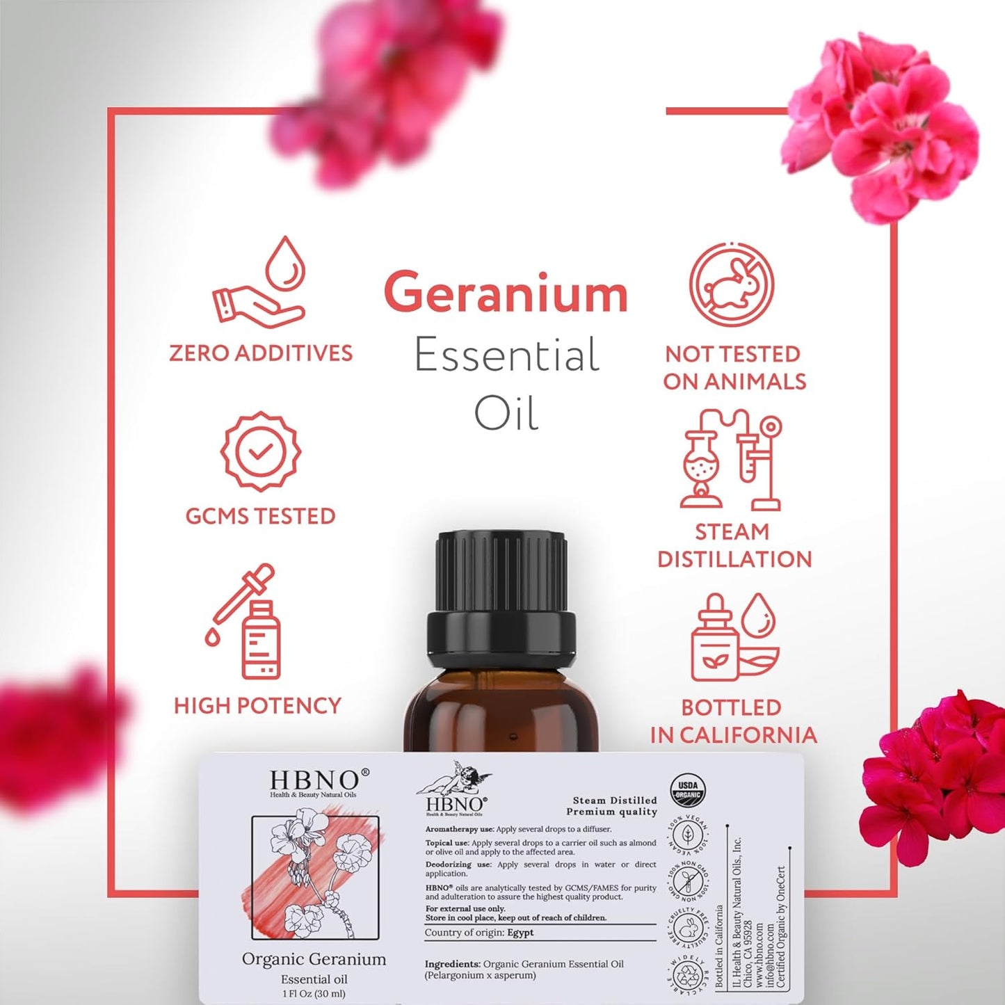 HBNO Organic Geranium Essential Oil - 1 oz (30ml) - USDA Certified Organic Geranium Essential Oil for Aromatherapy, Soap Making, DIY, Fragrances, Diffuser.