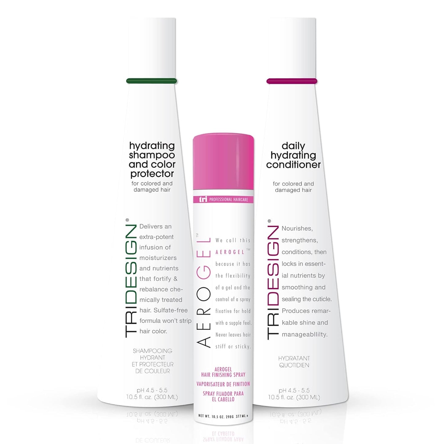 TRI Design Aerogel Hairspray 10.5 oz., Hydrating Shampoo 10.5 oz. and Daily Hydrating Conditioner 10.5 oz. - Color Safe Shampoo and Conditioner with Hairspray for Women and Men