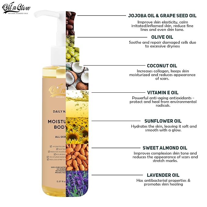 100% Pure Natural Hydrating Body Oil After Shower With Vitamin E, Coconut, Jojoba, Olive, Almond - Moisturizing Oil For Dry Skin, Non-Greasy Body Oils For Women & Men - Unscented 5.07 fl oz