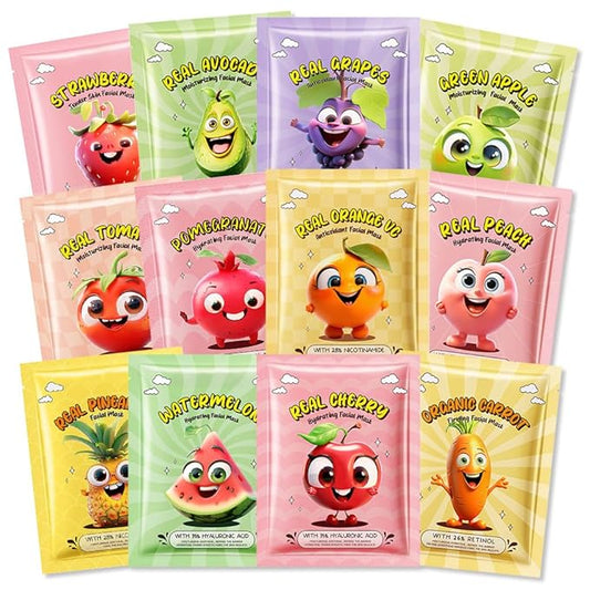 12 Pack Fruit Face Masks for Kids,Hydrating Face Mask For Sensitive Skin,Moisturize,Soothing,Nourish for All Skin Types,Natural Spa Party Facial Mask Skincare Set for Women Men Girls
