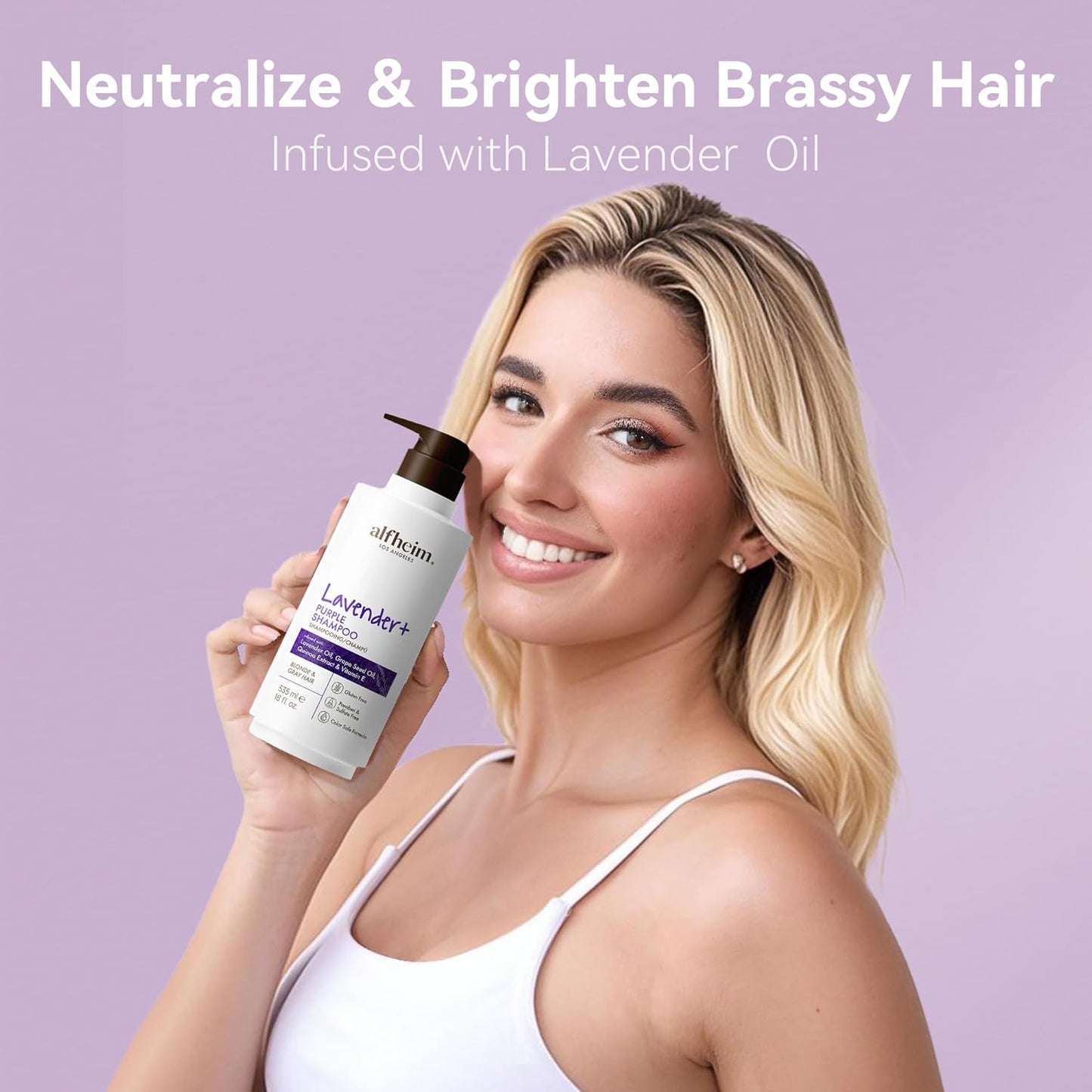 ALFHEIM Lavender+ Purple Shampoo for Blonde, Silver & Color-Treated Hair – Neutralizes Brass & Yellow Tones, Brightens Cool Shades – with Quinoa Extract & Vitamin E – Sulfate Free – 18 oz