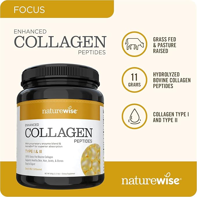 NatureWise Collagen Peptides Powder for Women - Type 1 & 3 Grass-Fed - Supports Hair, Skin & Nail Health - Non-GMO, Dairy & Soy Free, Unflavored - 45 Servings[45-Day Supply]