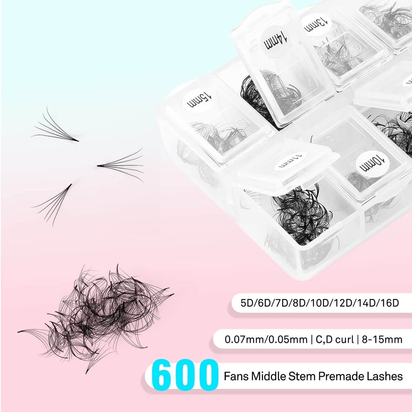 VAVALASH 600 Fans Premade Fans Eyelash Extensions 5D 6D 7D 8D 10D 12D 14D 16D 24D Premade Lash Fans 8-15mm Mixed Length Promade Loose Fans Thin Base Premade Volume Lash Extension(5D-0.07-D-8-15mm)
