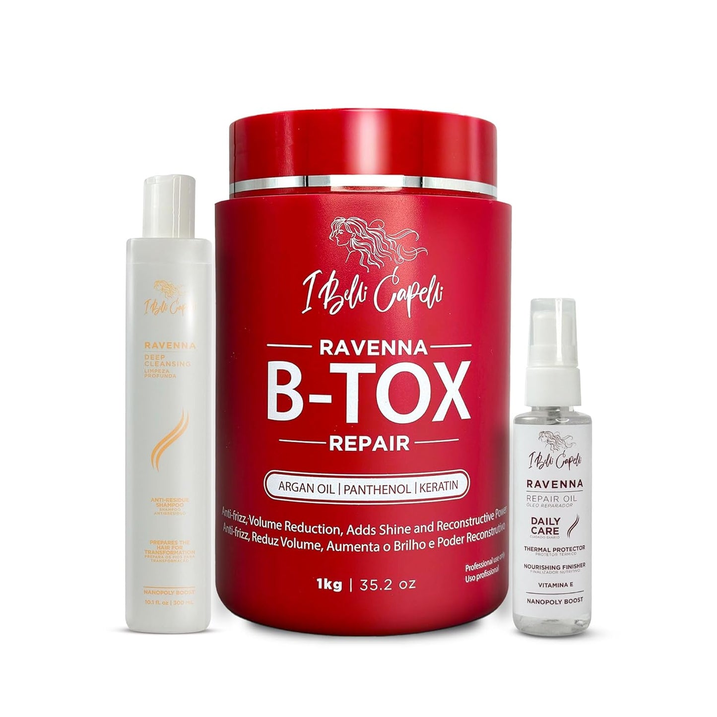 I Belli Capelli Ravenna B-tox Hair Smoothing Treatment with Deep Cleansing Shampoo and Repair Oil – Complete Straightening System for All Hair Types