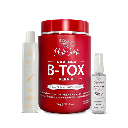 I Belli Capelli Ravenna B-tox Hair Smoothing Treatment with Deep Cleansing Shampoo and Repair Oil – Complete Straightening System for All Hair Types