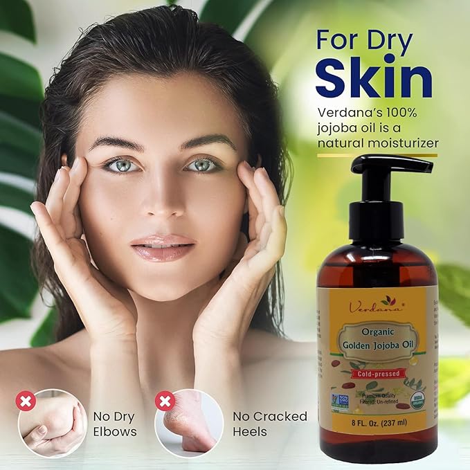 Verdana Organic Golden Jojoba Oil – 8 fl oz with Pump - USDA, Non-GMO - Cold Pressed, Unrefined, Hexane Free - Bulk, Moisturizing Oil for Skin, Body, Face, Hair, Scalp, Nails and Cuticles