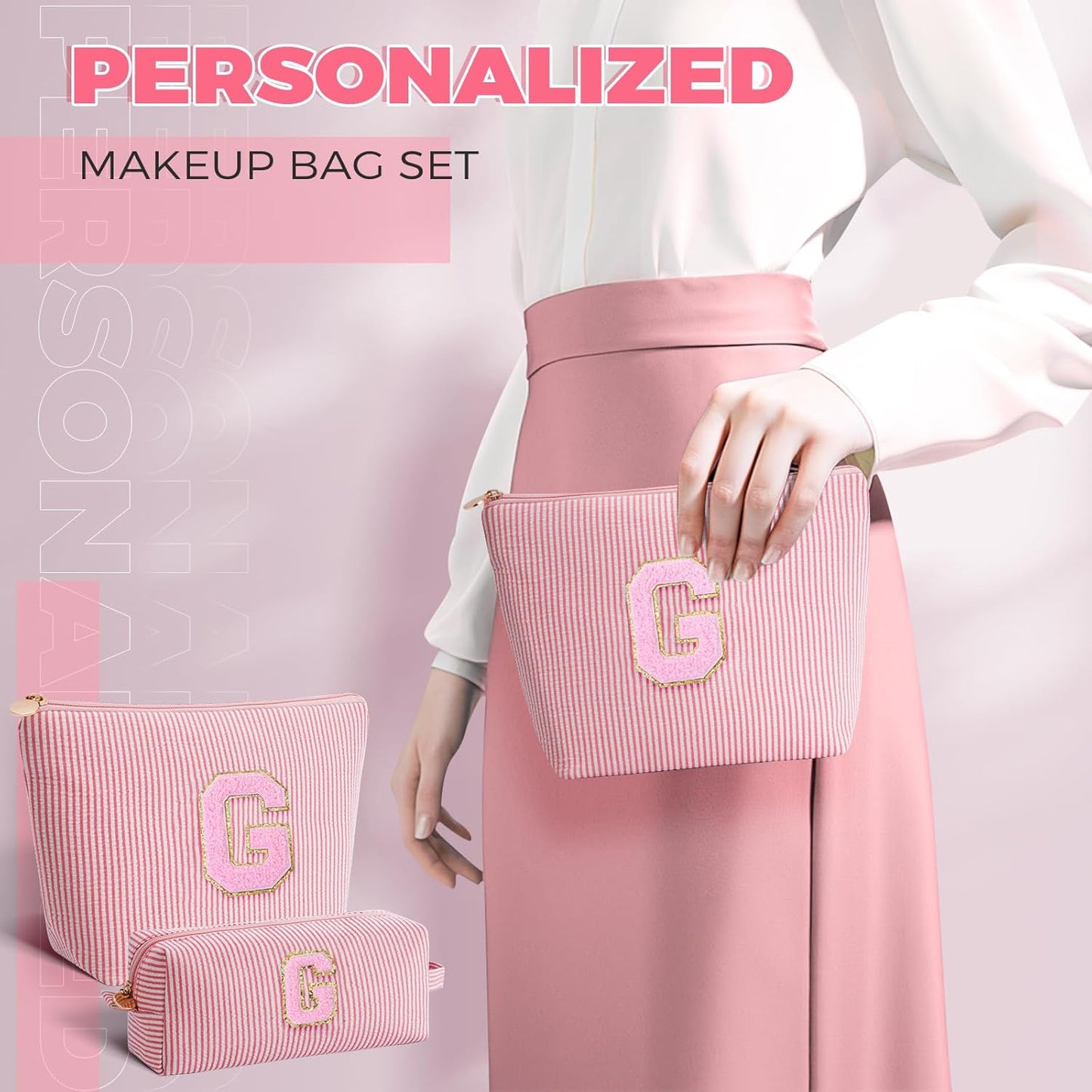 Personalized Makeup Bag for Women Girls - Fashion Cosmetic Bag Trendy Travel Toiletry Bag with Initials Letter - Teen Gifts - Peach,G