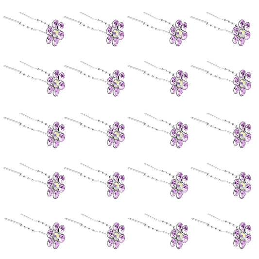 20 Pack (Violet) Crystal Flower Hair Pins Rhinestone Hair Clips for Bridal Wedding Women Hair Jewelry Accessories, with Clear Container