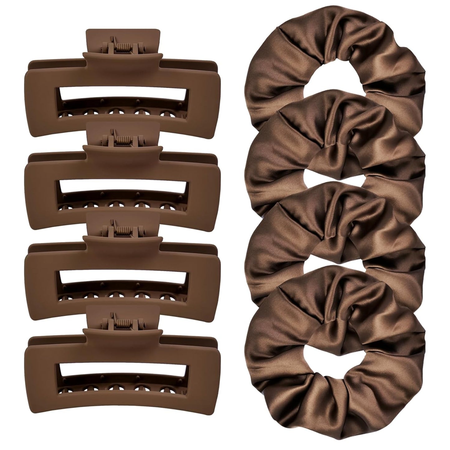 8 Pcs Hair Claw Clips and Scrunchies Set – Square Hair Clips for Women, Medium Non-Slip Matte, Large Satin Scrunchies, Hair Accessories for Thick Thin Hair, Party, Daily Use – Coffee
