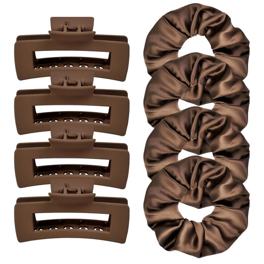 8 Pcs Hair Claw Clips and Scrunchies Set – Square Hair Clips for Women, Medium Non-Slip Matte, Large Satin Scrunchies, Hair Accessories for Thick Thin Hair, Party, Daily Use – Coffee