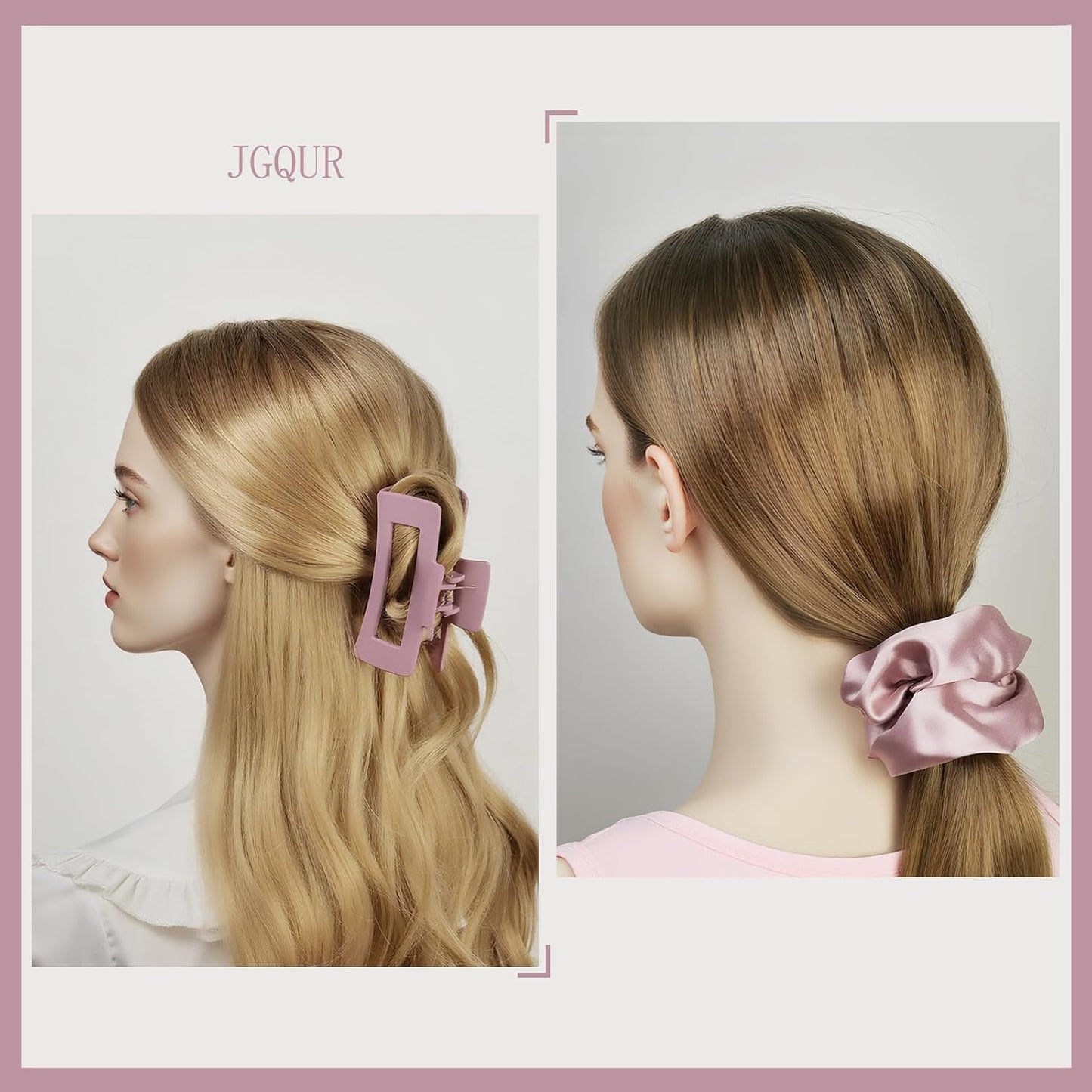 8 Pcs Pink Claw Clips and Hair Scrunchies Set – Square Hair Clips for Women, Medium Non-Slip Matte, Large Satin Scrunchies, Hair Accessories for Thick Thin Hair, Party, Daily Use – Dusty Rose