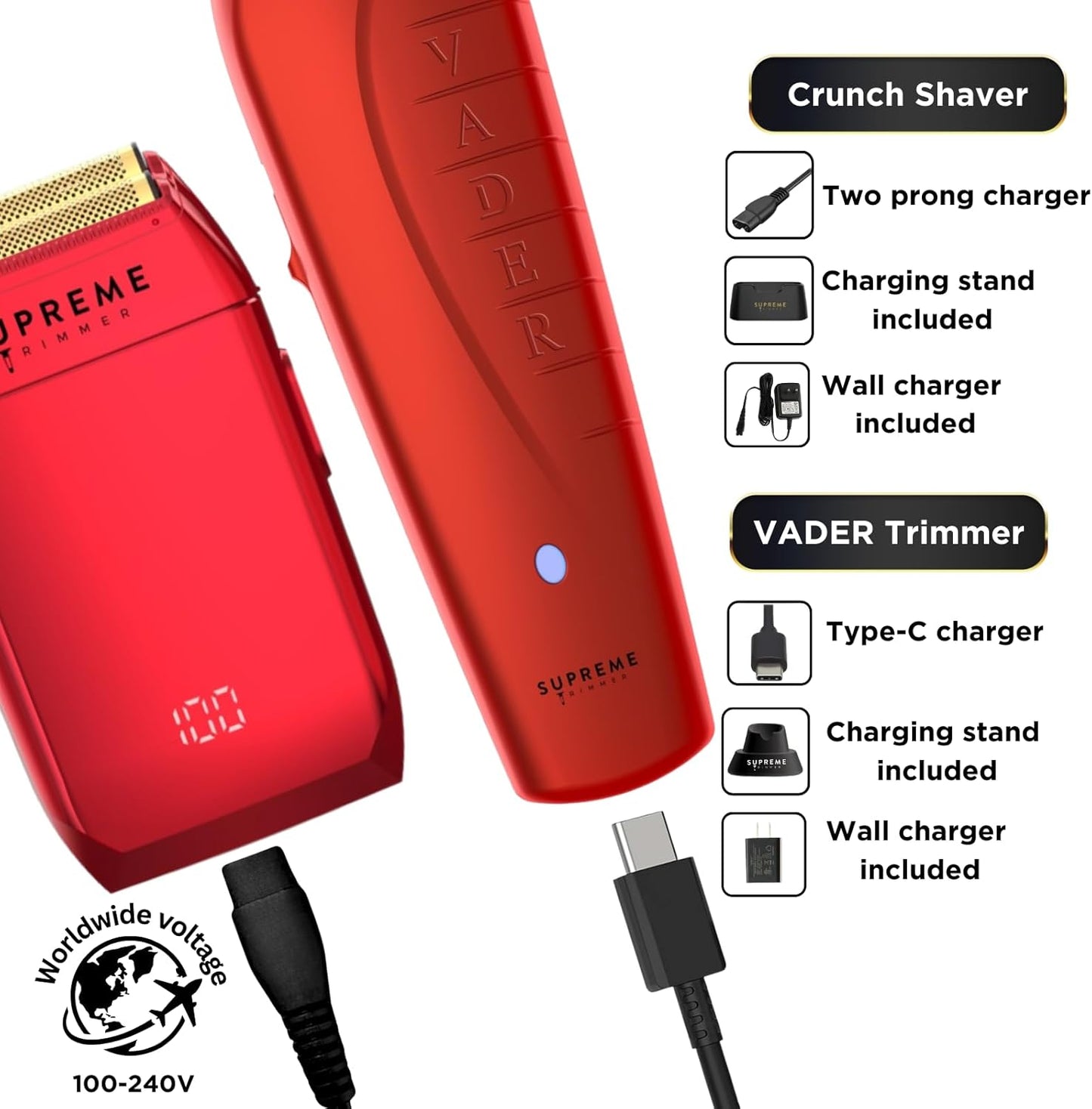 Supreme Trimmer Vader Trimmer & Crunch Foil Shaver Barber Haircutting Kit | Professional DLC T-Blade Beard Trimmer ST3778 & STF602 Waterproof IPX6 Shaver Set | Red