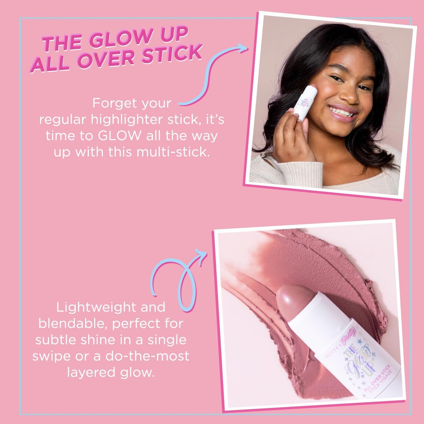 Petite N Pretty Glitter Makeup Set - Shimmering for Eyes, Cheeks, and Body - Glow Up Stick & All-Over Glitter in Pink Sherpa Bag for Kids, Teens, and Tweens (Bronze)