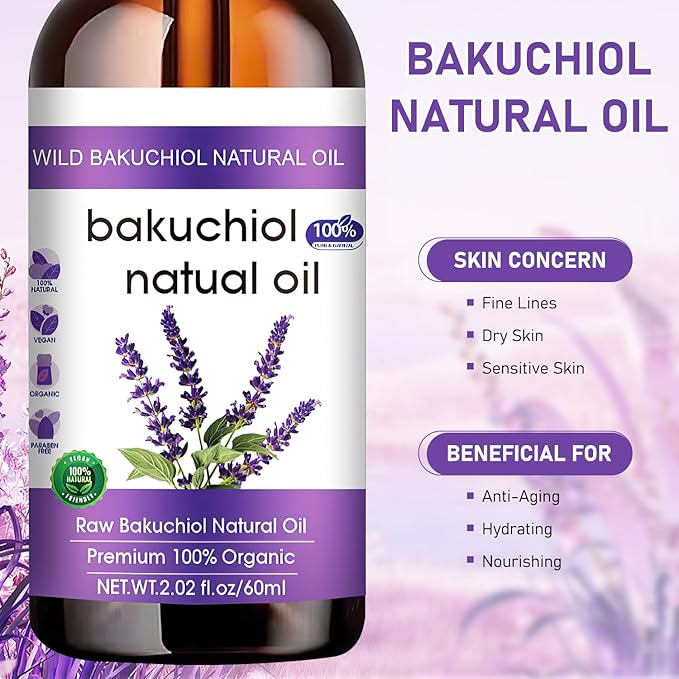 Bakuchiol Oil Organic, Natural Bakuchiol Serum for Face, Vegan Retinol Alternative with Squalane, Sensitive Skin Safe Soothes Irritated Skin, Reduces Fine Lines, Wrinkles(2Pcs- 2 Fl.oz)