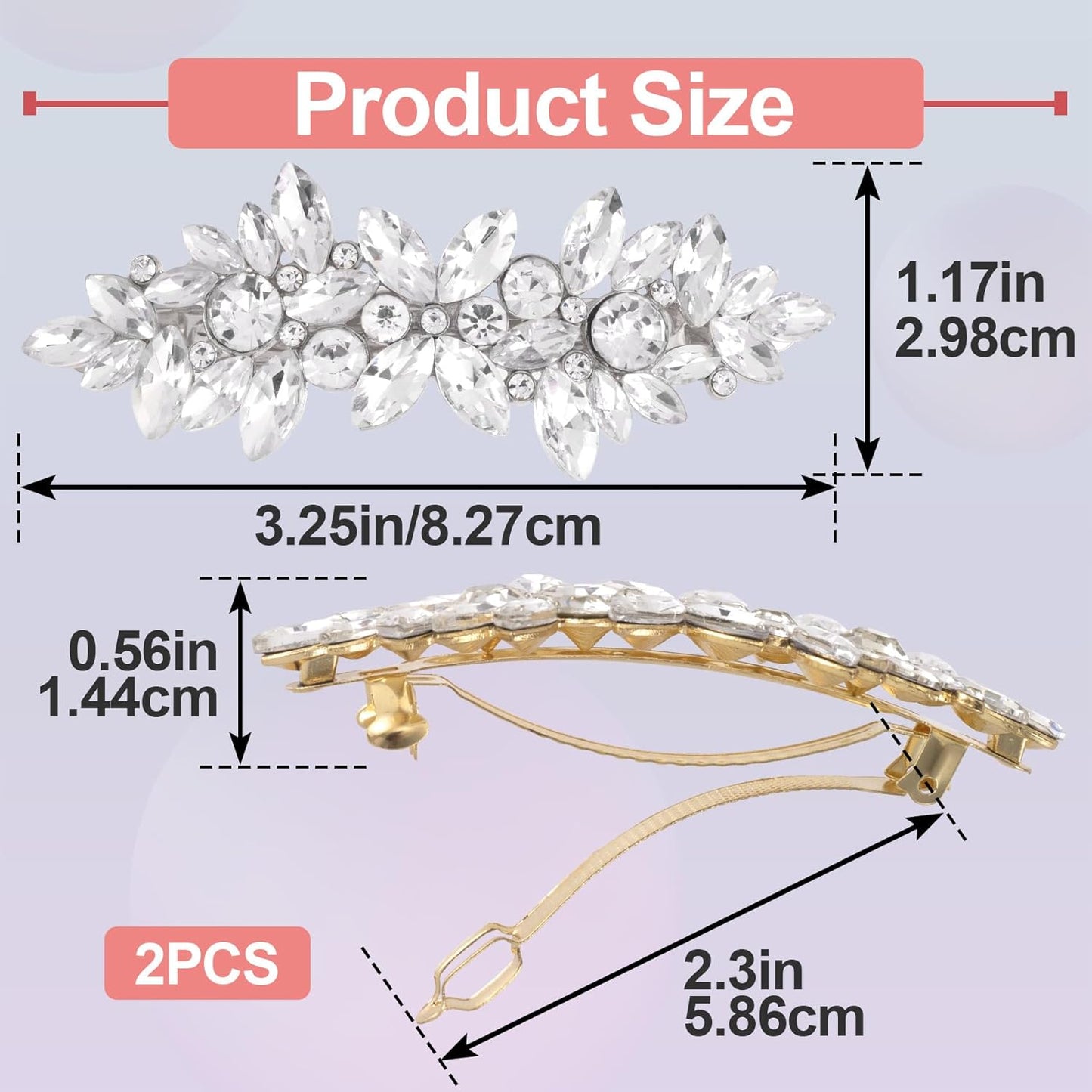 ANCIRS 2 Pcs Rhinestone Hair Clips, Crystal Hair Clip for Wedding, Silver Wedding Hair Pins, Sparkly French Hair Barrettes for Bridal Brides Women Thick Long Hair (Gold+Silver)