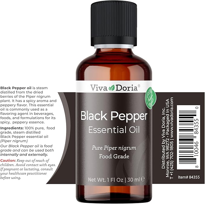 Viva Doria Black Pepper Essential Oil, 100% Pure, Natural Essential Oil, Undiluted, for Aromatherapy | Food Grade, 30 mL (1 Fluid Ounce)