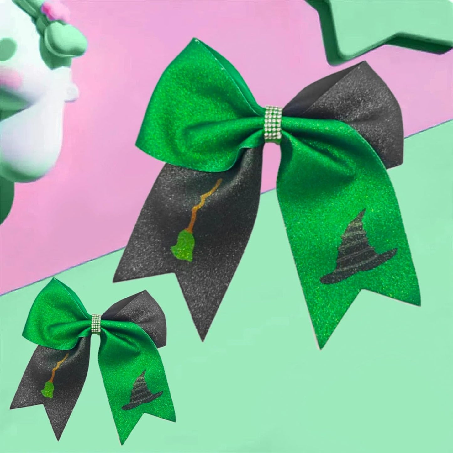 2Pcs Green & Pink Hair Bows – Witch Hair Accessories, Witch Merch Gifts for Women, Inspired Clips for Musical Fans & Costume Parties (Green)