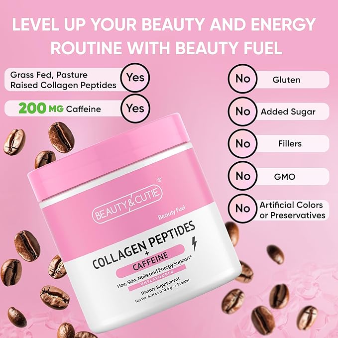 Collagen Peptides with Caffeine 200 mg, Powder, Grass Fed, for Hair, Skin, Nails and Energy Support, Gluten Free, Unflavored, 6.01 oz