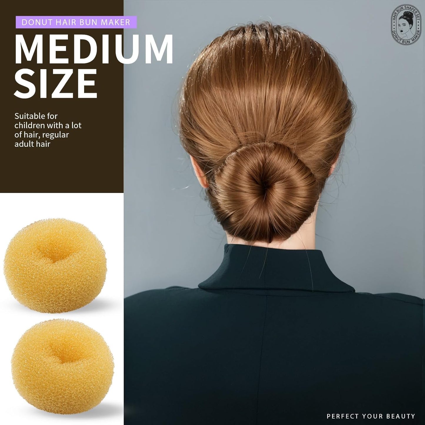 Teenitor Hair Bun Maker Set, 7 Pieces Bun Donuts for Hair(1 Extra-Large, 2 Large, 2 Medium, 2 Small), 5 Elastic Bands, 20 Hair Pins, Gold