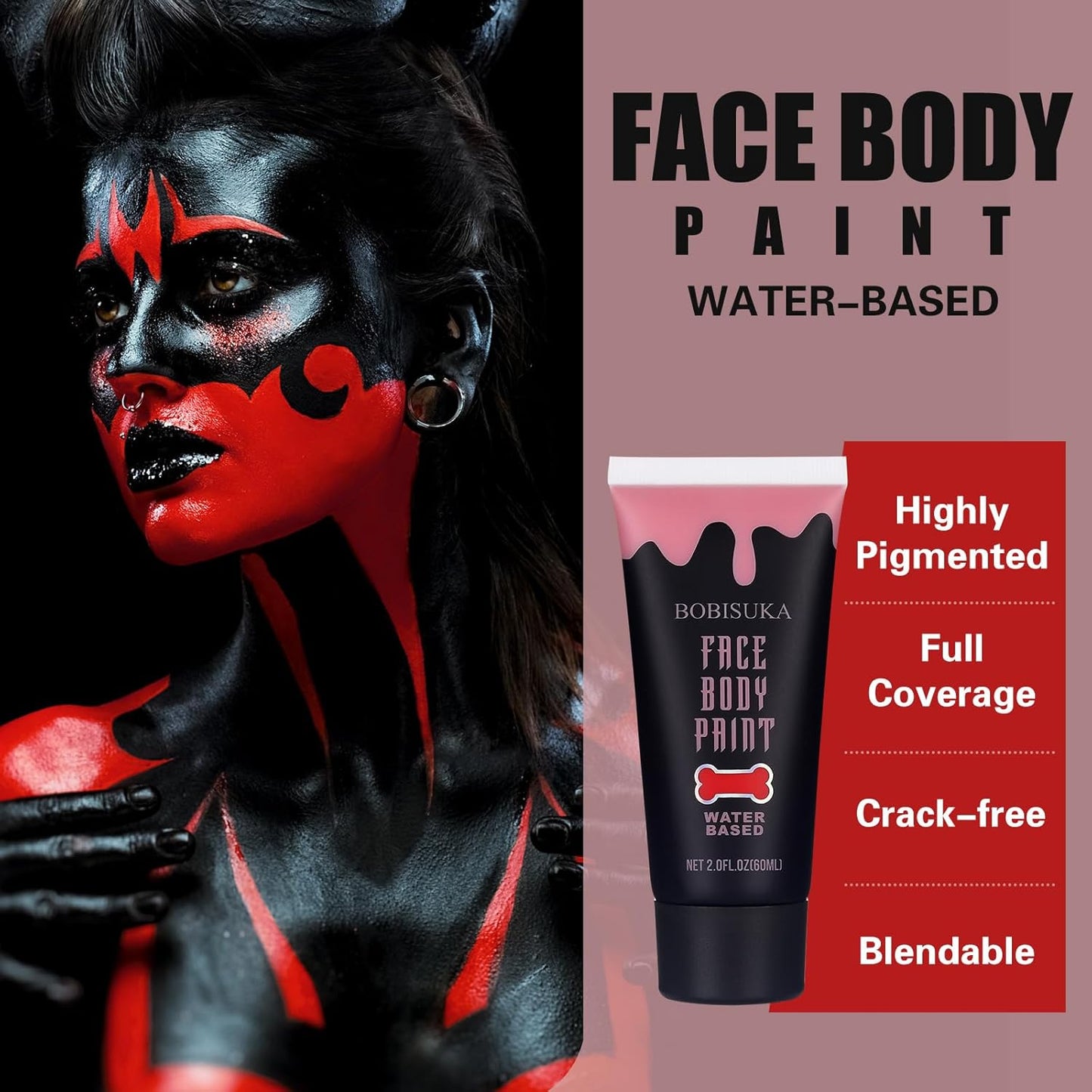 BOBISUKA Red Face Body Paint, Water Based Face Painting for Art Theater Halloween Party Cosplay Clown SFX Makeup for Women Adults, Non-Toxic Washable