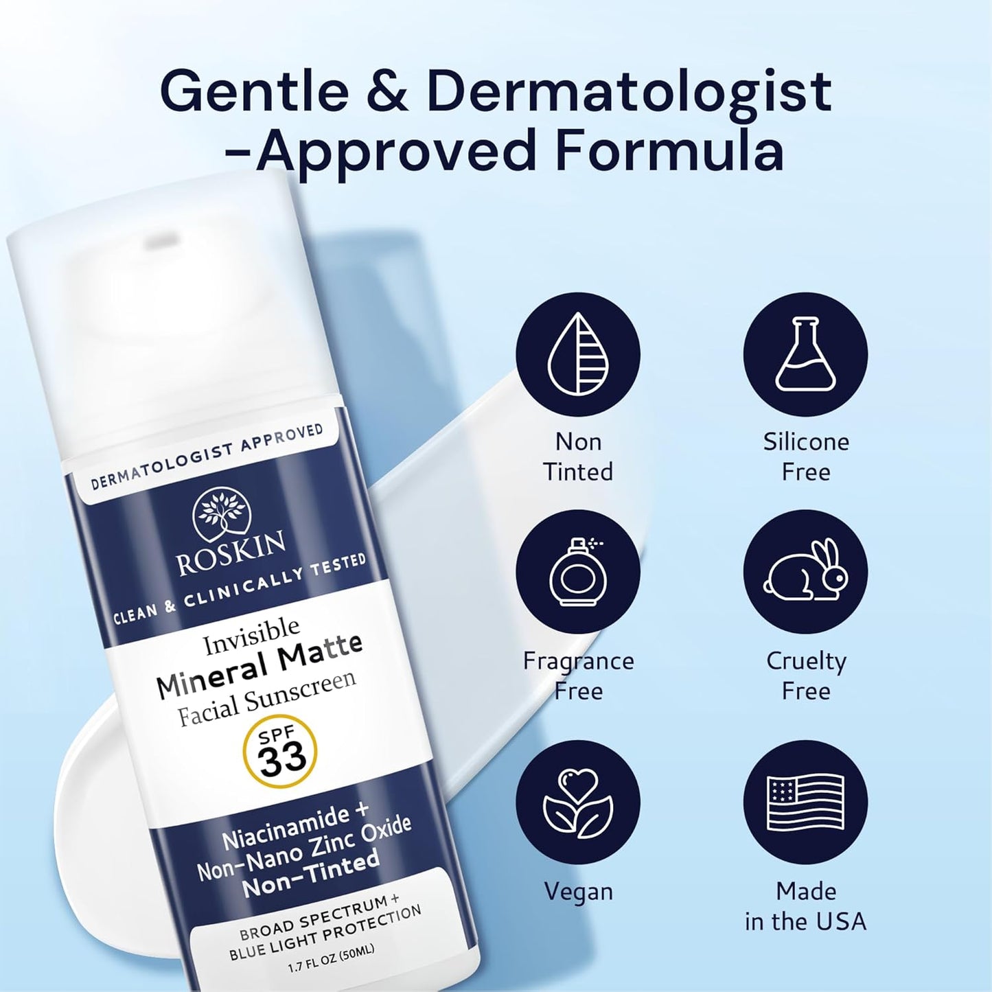 Roskin Mineral Matte Face Sunscreen - Invisible Facial Sunscreens with Non Nano Zinc Oxide - Facial Sunblock with SPF 33 Broad-Spectrum & Blue Light Protection - Face Sunscreen Moisturizer (1.7 Fl Oz)