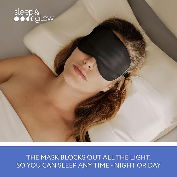 SLEEP & GLOW Silk Sleep Eye Mask Luxury Mulberry 22 Momme 100% Natural Triple Silk Blindfold with Adjustable Strap for Comfortable Sleeping & Face Skin Care (Black)