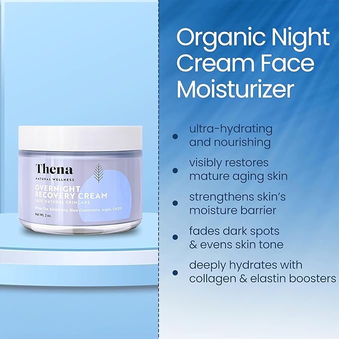 THENA Overnight Recovery Cream Anti Aging Night Cream Natural & Organic Skin Care With Regenerating Collagen Night Face Moisturizer For Women & Men