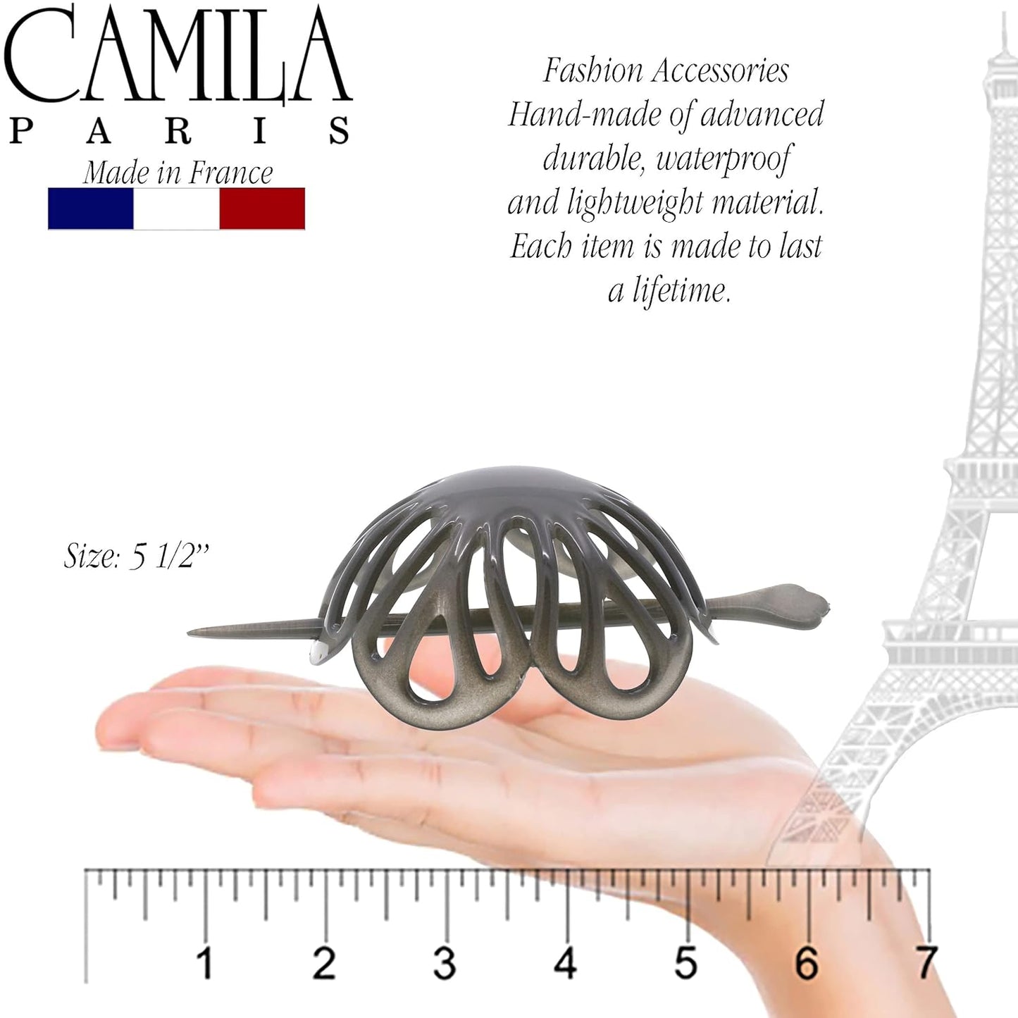 Camila Paris CP3145 French Hair Bun Clip Maker Cover Cap Holder, Gray, Round Dome Bun Hair Clip for Women Hair Updo, Styling Hair Bun Accessories for Women, No Slip and Durable, Made in France
