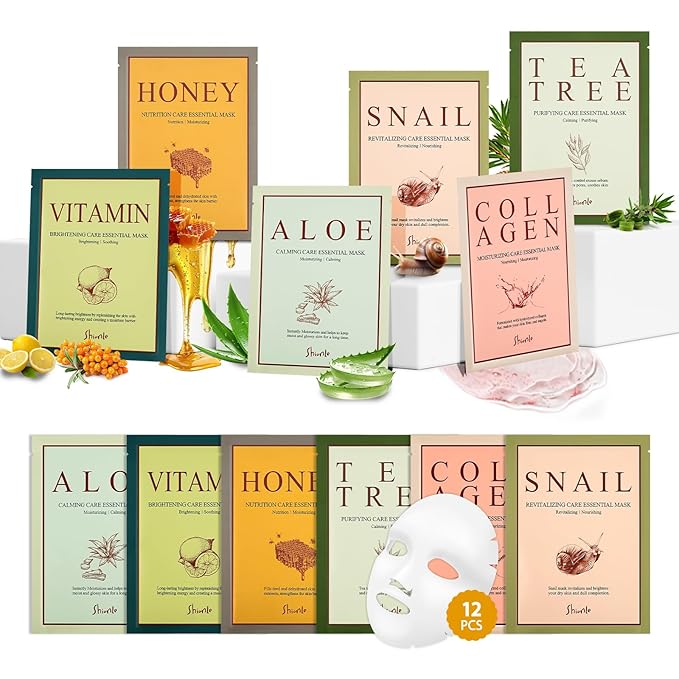 SHIONLE 12 Combo Pack B Essential Facial Mask Sheet, 6 Types Korean Essence Skincare Home Spa Self Care Treatment Mask, Hydrating Soothing For All Skin