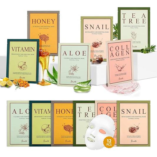 SHIONLE 12 Combo Pack B Essential Facial Mask Sheet, 6 Types Korean Essence Skincare Home Spa Self Care Treatment Mask, Hydrating Soothing For All Skin