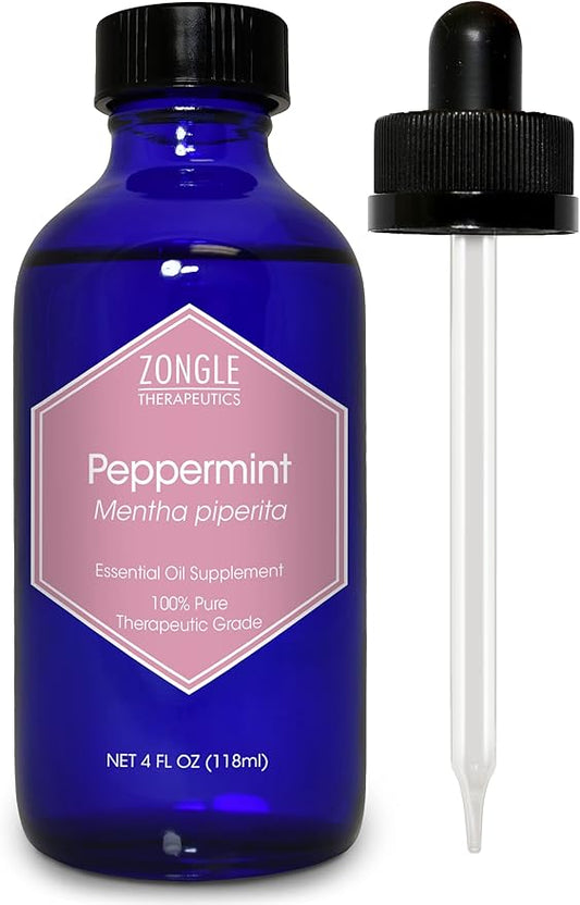 Peppermint Oil, Food Grade, Edible, for Digestion, IBS, Hair – 100% Pure, Peppermint Essential Oil, Mint Oil, Safe for Ingestion, by Zongle Therapeutics, 4 OZ
