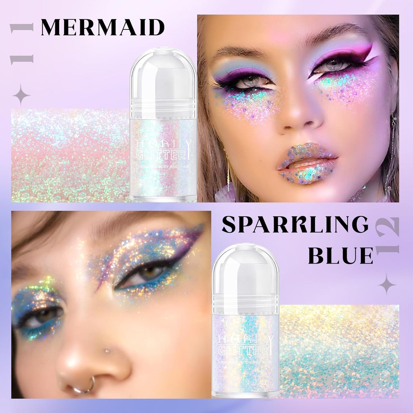 2 Colors Roll-on Body Glitter Gel, Holographic Glitter Gel Under Light for Face Hair, Body Shimmer for Rave Accessories Christmas New Year Halloween Makeup (11+12)
