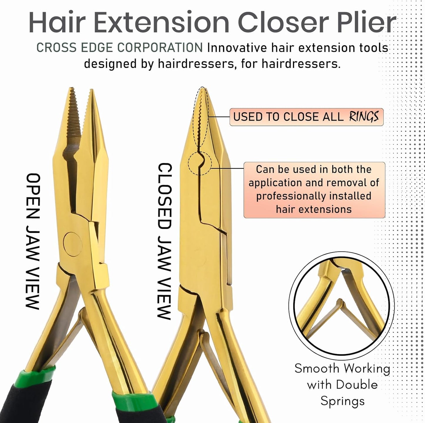 Professional Hair Extension Tools Microlink Bead Remover Plier for Hair Extensions Removal Micro Ring Beads Opener 5.5 Inch Pliers Silver Polish Stainless Steel (Gold Black Foam Applicator)