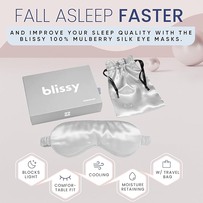 Blissy Silk Sleep Mask - Silk Eye Sleeping Mask for Women & Men for Total Blackout - 100% Pure Mulberry Silk, 22 Momme 6a Fibers - Blindfold Silk Sleep Mask Side Sleeper Eye Cover (Silver)