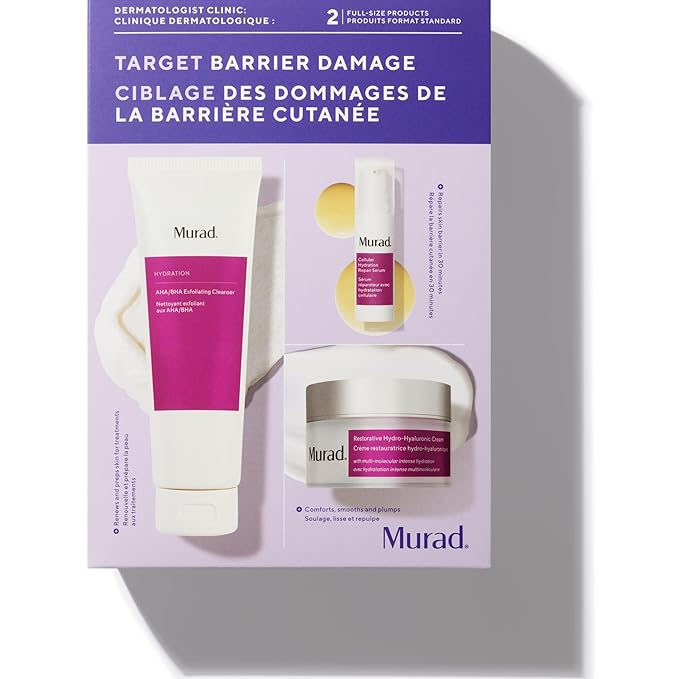 Murad Target Barrier Damage (3 Piece Value Set) - AHA/BHA Cleanser, Hyaluronic Cream Moisturizer, Cellular Hydration Serum - Regimen for Exfoliating, Moisturizing, and Repairing Skin Barrier