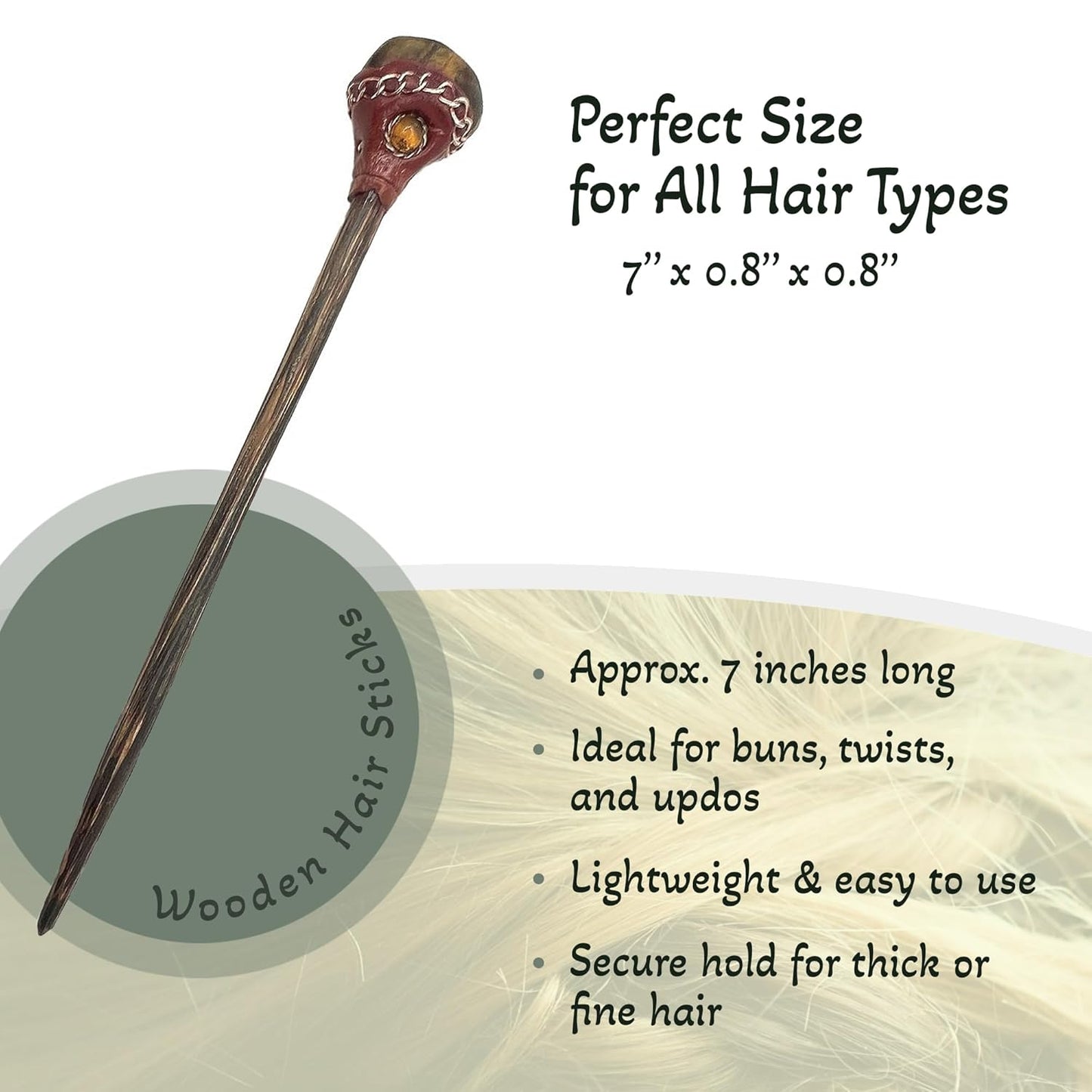 Mia Jewel Shop - Natural Tumbled Healing Gemstone Crystal Chonta Wooden Hair Sticks – Handmade Hair Sticks for Women | Hair Pins Boho Reiki Accessories, Fashion Gifts (Brown Tiger's Eye)