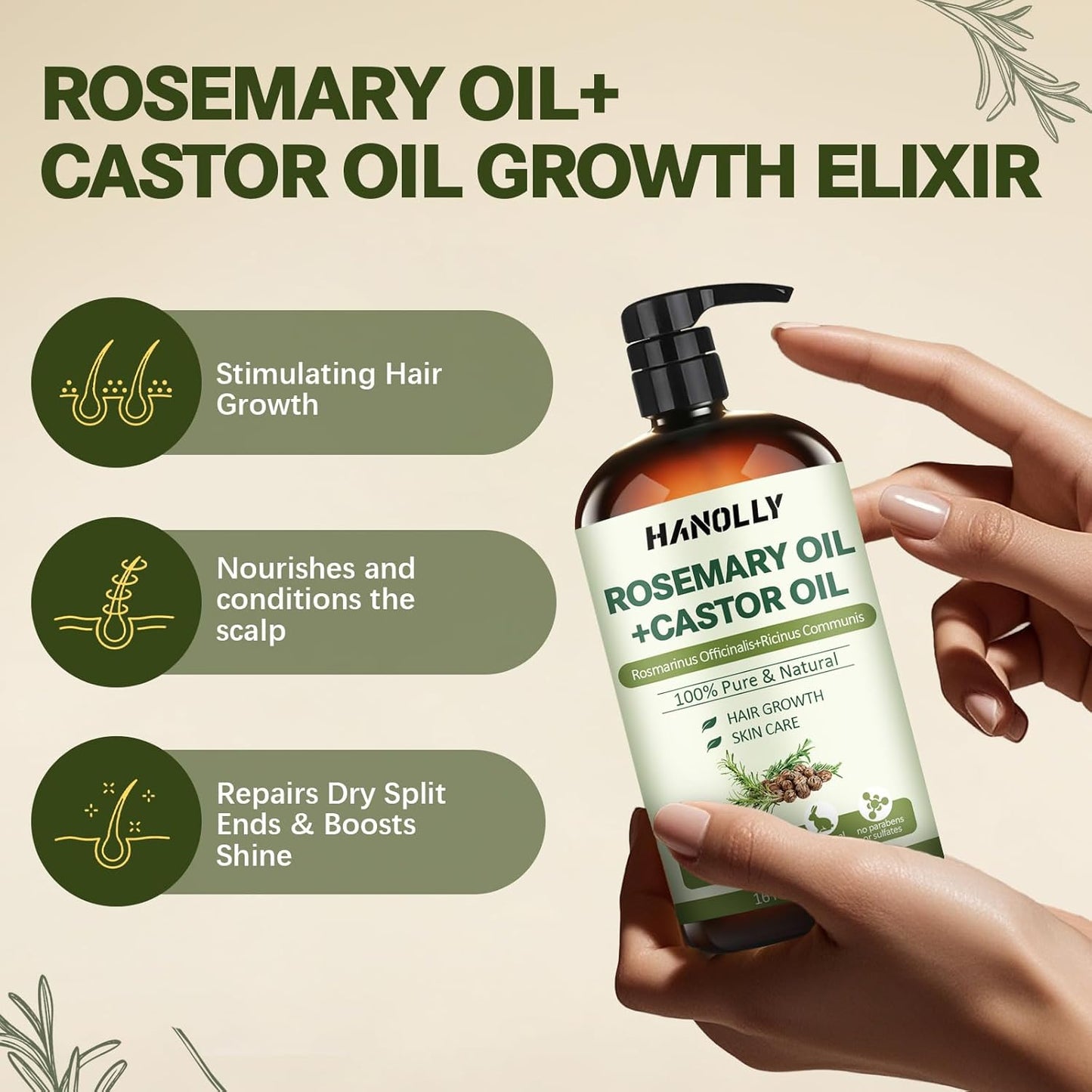 Rosemary Castor Oil for Hair Growth 16oz - 100% Pure Rosemary Oil with Castor Oil, Blend of Effective Hair Oils For Hair Growth, Hydration Scalp, Reduce Loss & Split Ends