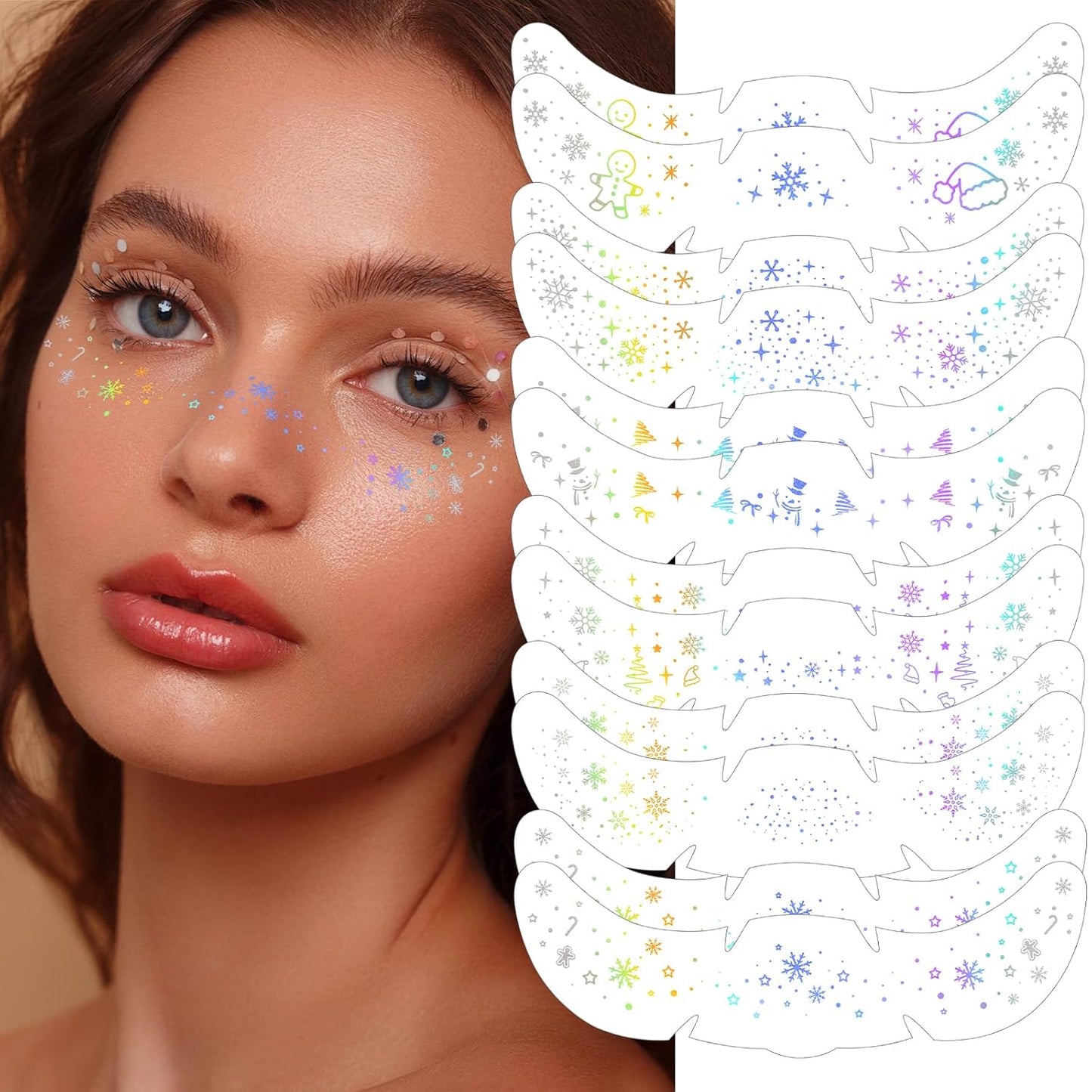 HyperFun 12Pcs Christmas Face Glitter Freckles, Glitter Freckles Face Tattoo Sticker, Holographic Multichrome Waterproof Sparkle Freckles Makeup Patches for Women Rave Festival Accessories Party Prom
