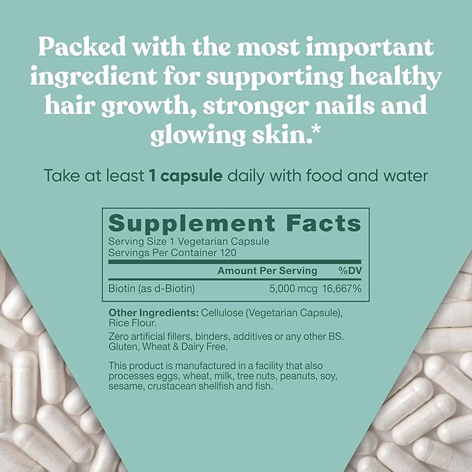 Biotin 5000 mcg Hair Skin Nails Supplement – High-Potency Hair Growth Vitamins for Women & Men – Provide Powerful Support for Healthy Hair, Stronger Nails and Glowing Skin – 120 Vegan Soft Capsules