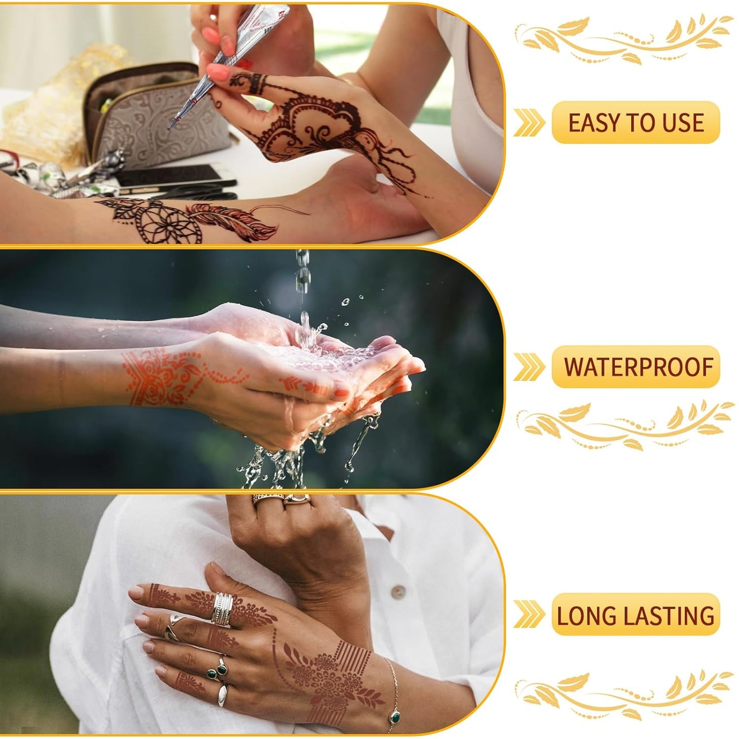 Temporary Tattoo Stencil Kit 10 Sheets (7 Large Hand & Half Arm), 6 Pcs 3 Color Cones (Black/Brown/Cherry Red),Temporary Tattoos for Adults Kids Men Women,DIY Body Art with Stencils